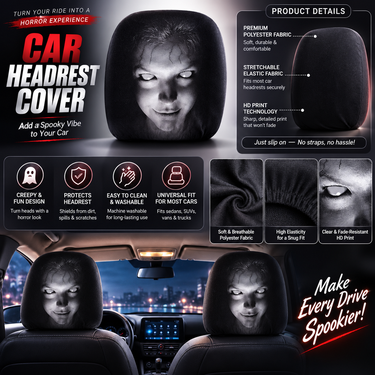 Skull Horror Car Headrest Covers – Universal Fit