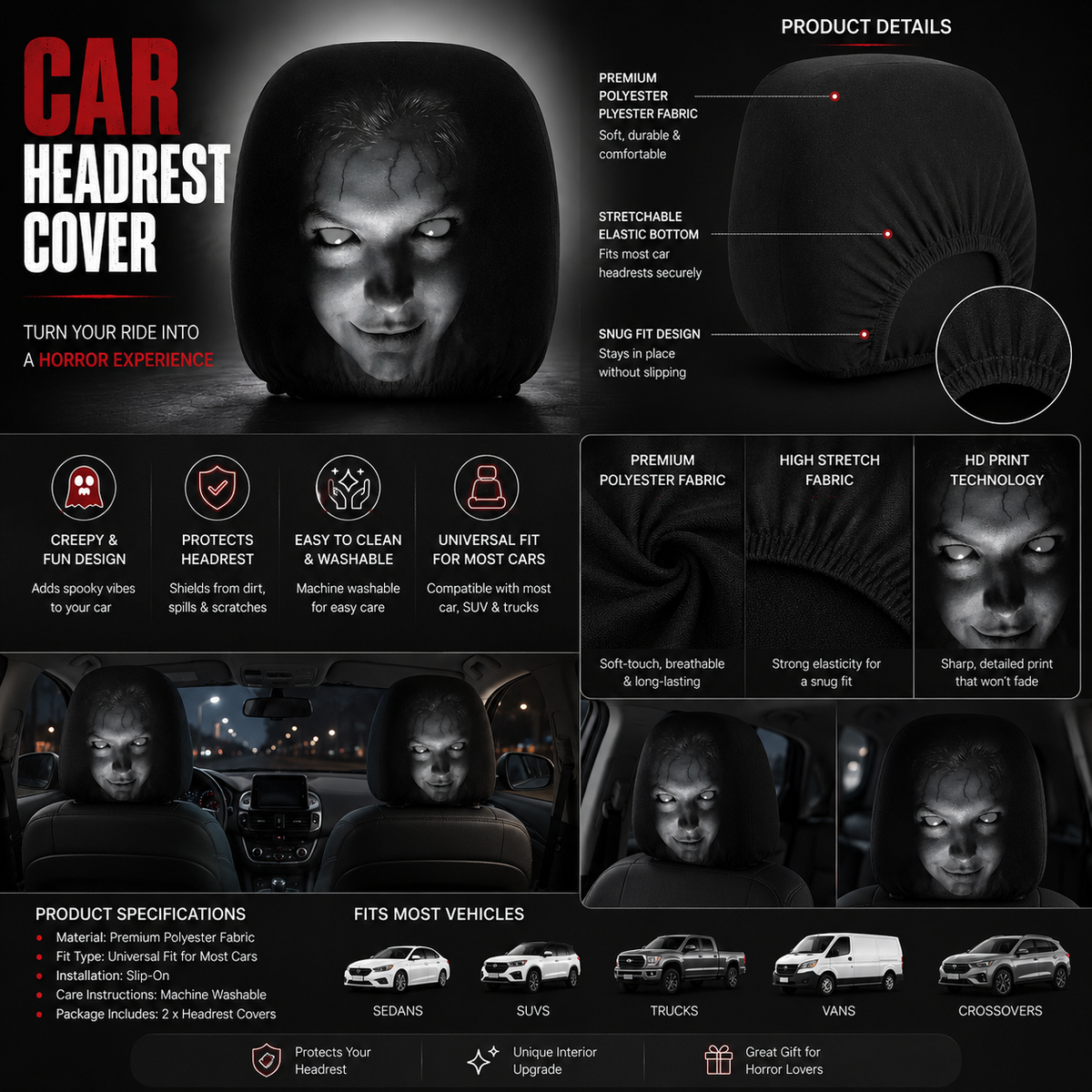 Skull Horror Car Headrest Covers – Universal Fit