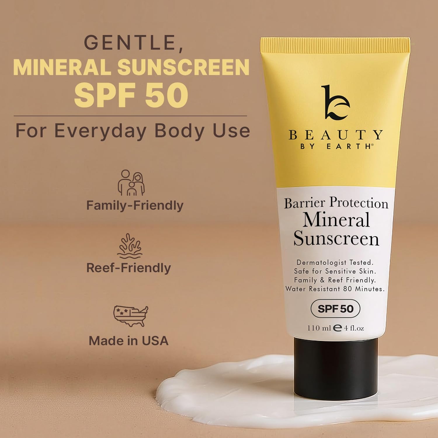 Mineral Sunscreen for Body SPF 50 – Reef Friendly Broad Spectrum Zinc Oxide, Made in USA with Organic & Natural Ingredients, Water Resistant 80 Min, Non Toxic Baby Sunblock for Kids, No White Cast