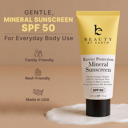 Mineral Sunscreen for Body SPF 50 – Reef Friendly Broad Spectrum Zinc Oxide, Made in USA with Organic & Natural Ingredients, Water Resistant 80 Min, Non Toxic Baby Sunblock for Kids, No White Cast